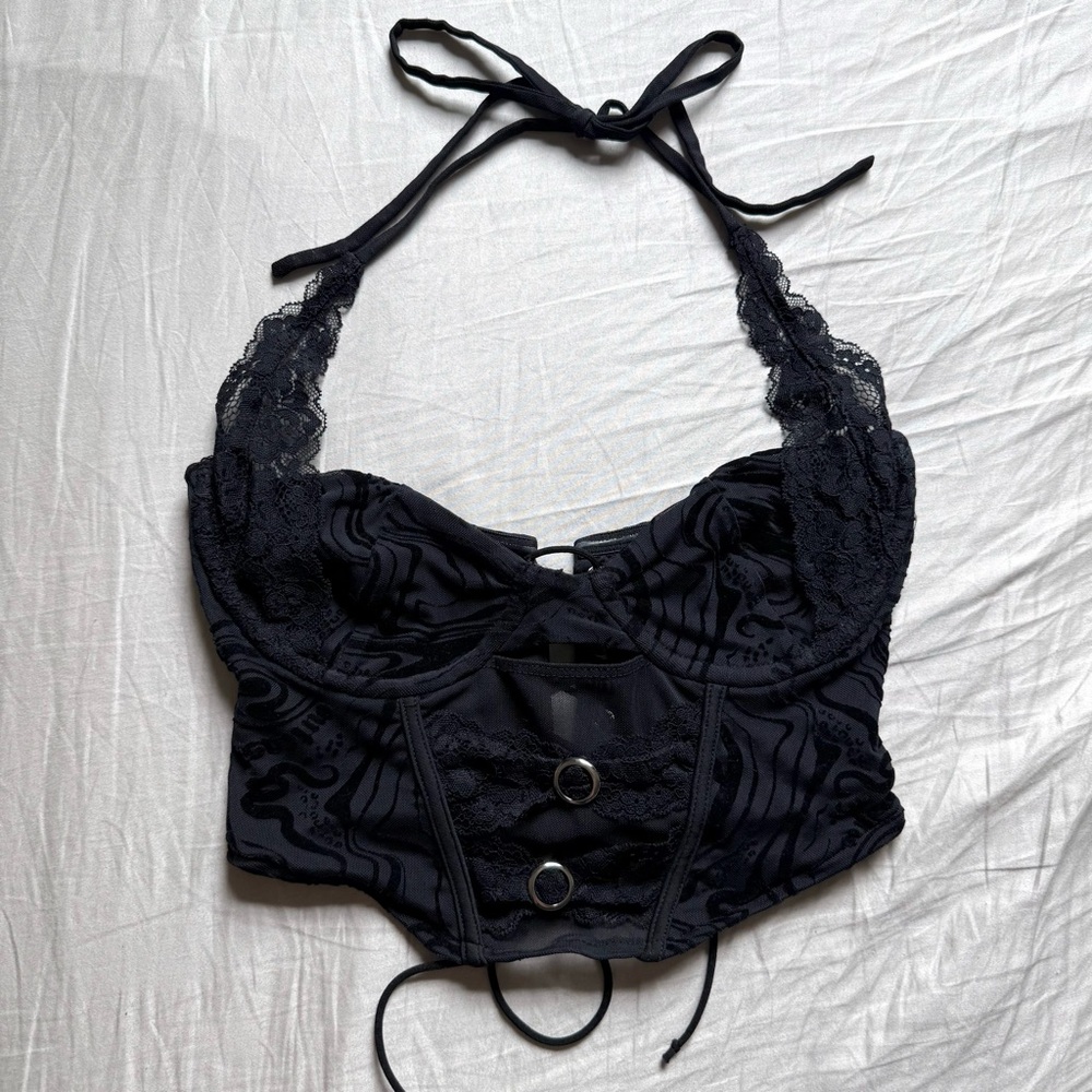 OUTCAST Australia black mesh corset bustier cropped‎ lace trim halter top